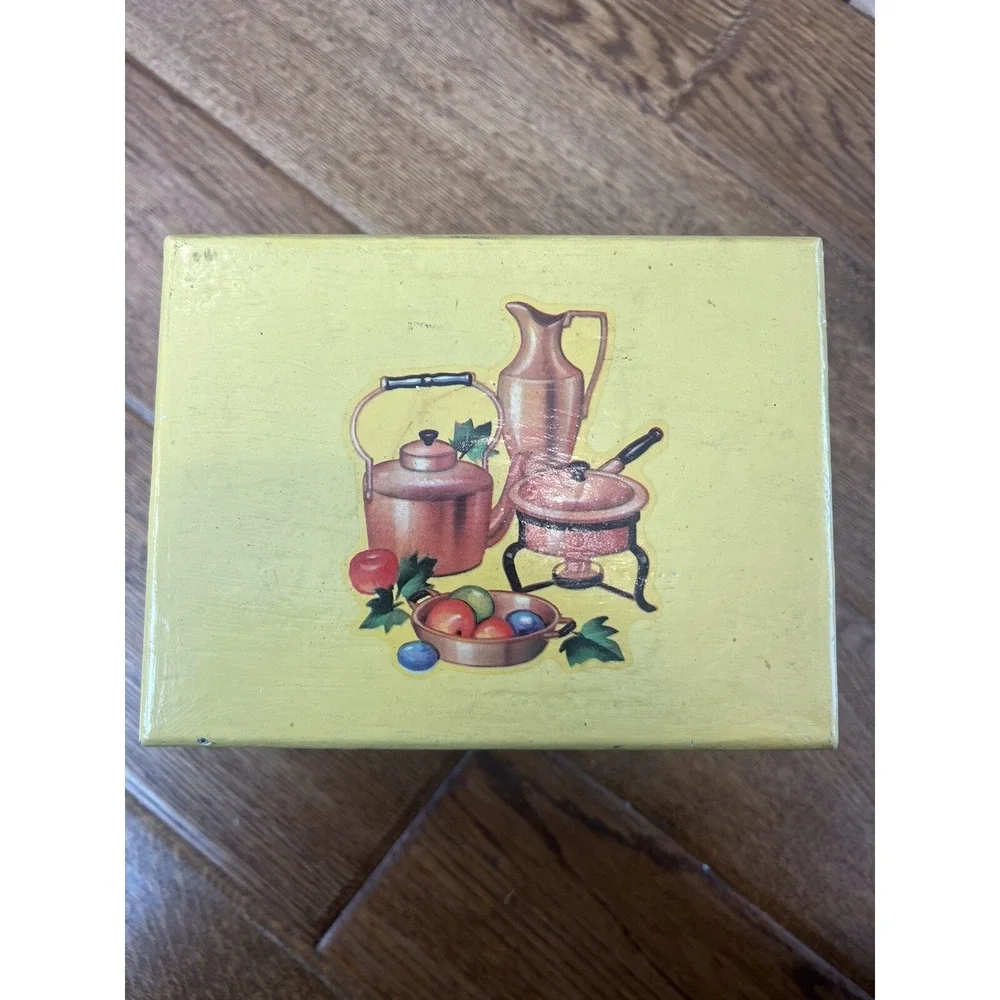 Vintage Mid Century Modern Wooden‎ Wood Recipe Box Fruits, Cookware, Pitcher.